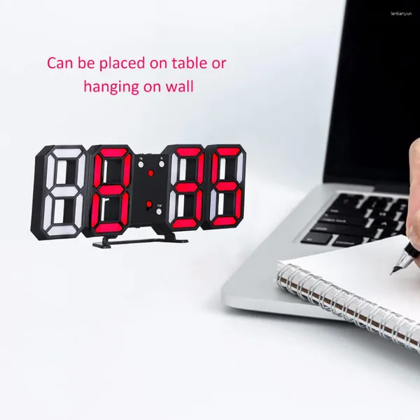 Relojes de mesa Pantalla de 24/12 horas Reloj Alarma LED Reloj digital Colgante de pared Calendario 3D Temperatura Brillo ajustable