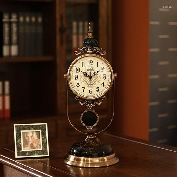 Relojes de mesa de lujo americano, reloj de soporte Retro de vidrio, decoración para sala de estar, escritorio de péndulo Vintage europeo silencioso de Metal
