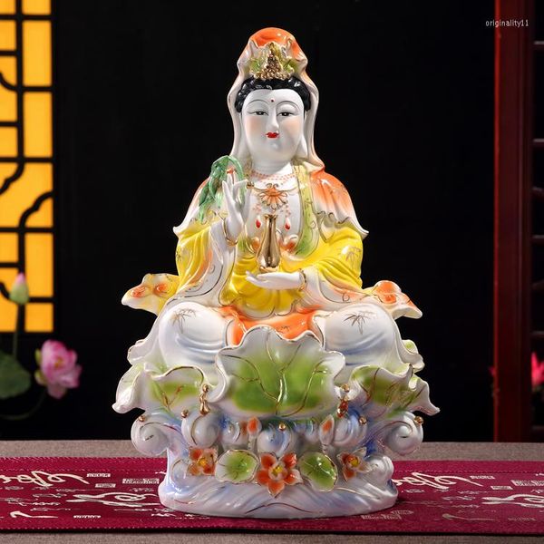 Horloges de table Bouddhiste Bouddha Statue Guanyin Céramique Artisanat Porcelaine Pleine Couleur Assis Lotus Blanc