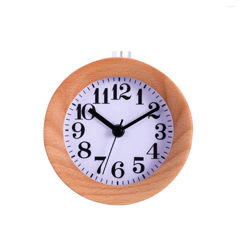 Bordklockor Creative Round Classic Wood Silent Desk Travel Alarm Clock med Nightlight