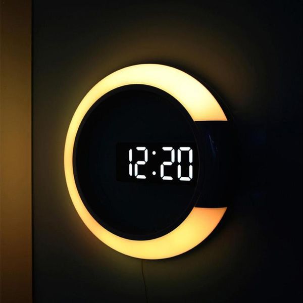 Horloges de table bureau horloge murale LED miroir rond lumineux multifonctionnel alarme de lumière avec affichage de la température décor pour la maison chambre