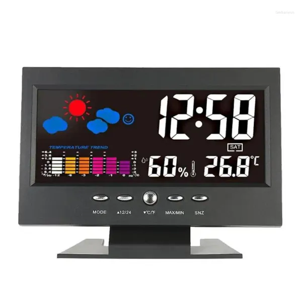 Relojes de mesa Reloj digital Higrómetro Estación meteorológica Alarma Indicador de temperatura Calendario LCD colorido Activado por voz