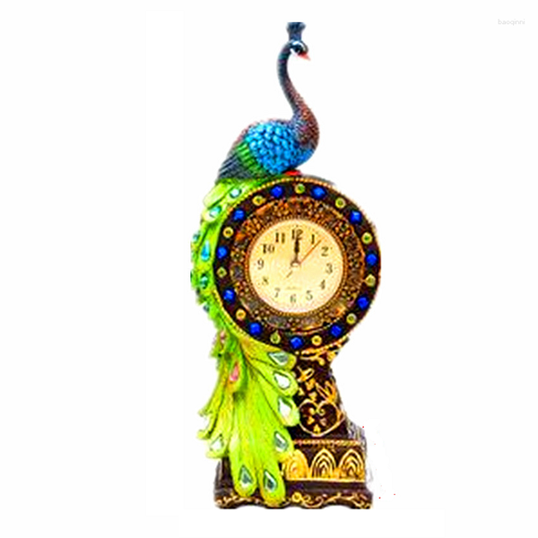 Horloges de Table Goutte Affiner Horloge Résine Cafts Style Tropical Paon Montre Décor À La Maison Ornement Pastorale Quartz Saut Gemmes Vert