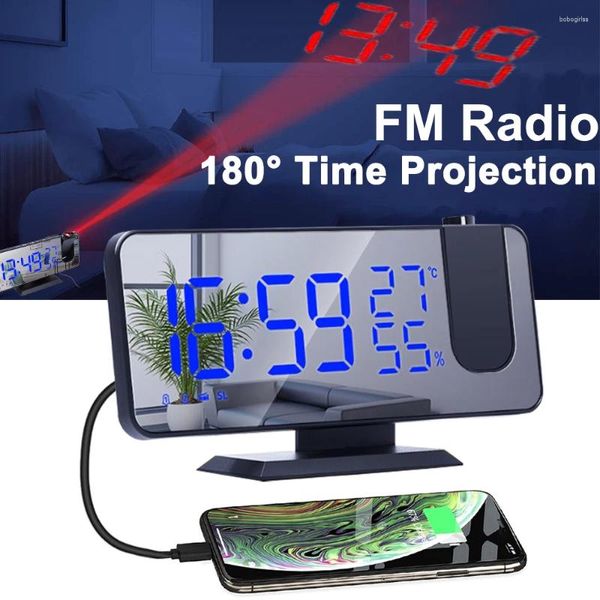 Horloges de table double fort réveil intelligent projection chambre radio numérique avec chargeur USB miroir LED température humidité mètre