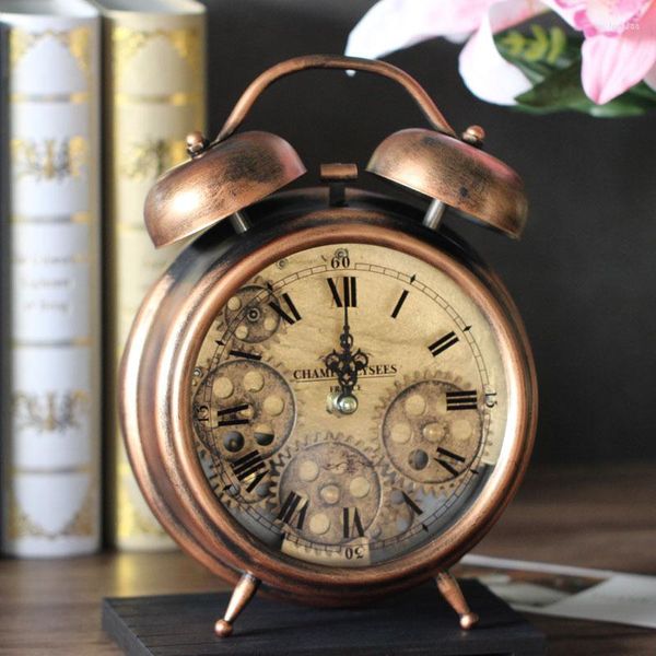 Horloges de table européenne rétro bureau horloge engrenage mécanique salon vieux métal ornements grand pendule créatif