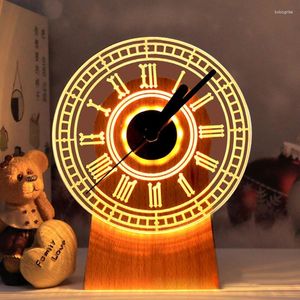 Horloges de table Horloge exotique Lumière Romantique Pratique Charge Petite lampe lumineuse en bois massif 3D Décoration de nuit