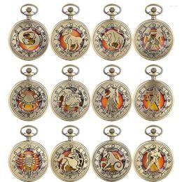 Tafelklokken Holle Zodiac Twaalf Sterrenbeelden Vintage Bronzen Ketting Horloge Verjaardagscadeaus Voor Mannen Vrouwen Romeinse Cijfers Zakklok