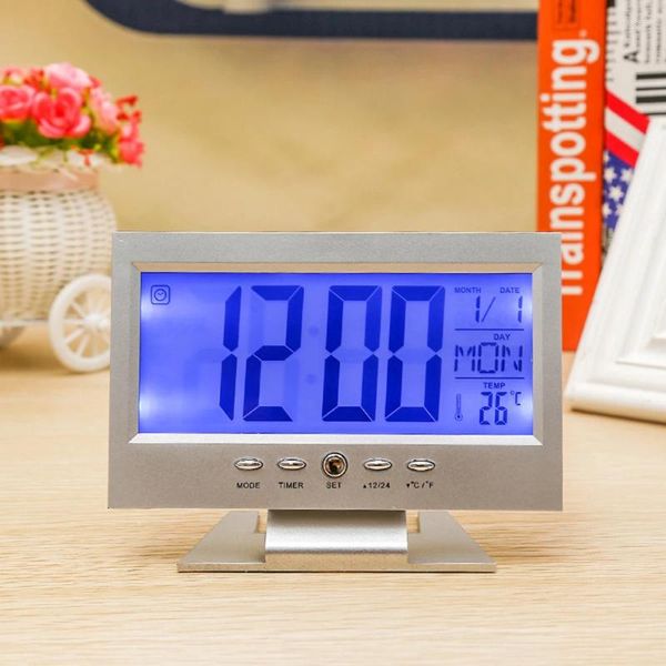 Horloges de table LCD Réveil numérique Température Date Affichage Miroir de bureau Décoration de la maison Commande vocale sans batterie