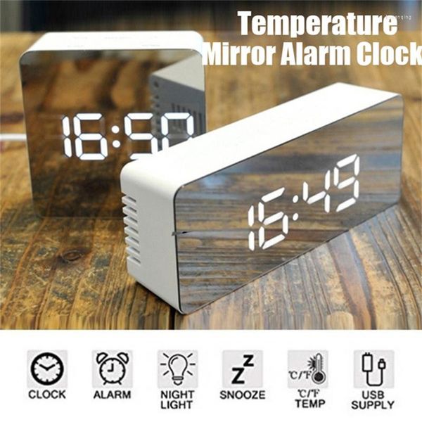 Horloges de table LED Réveil numérique Miroir avec variateur Fonction de température Snooze pour chambre à coucher Bureau Voyage USB Power Wall