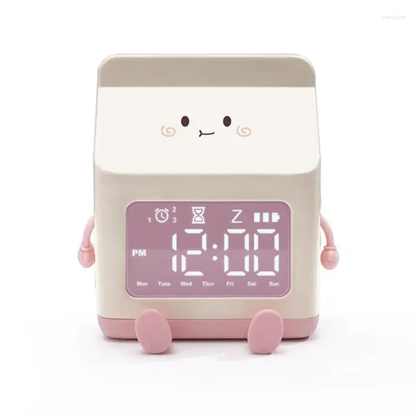 Relojes de mesa Cartón de leche Despertador Semana Visualización Tres conjuntos de alarmas Digital Hombre perezoso Snoozes 10 mm Lindo electrónico