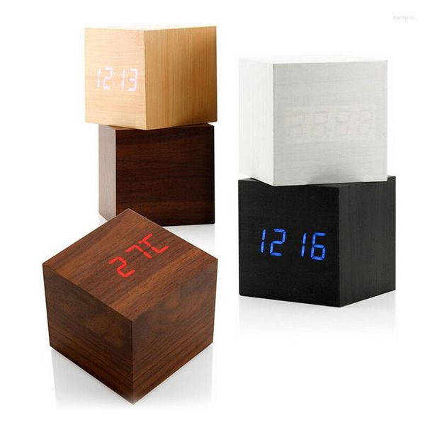 Relojes de mesa Cubo moderno Madera Digital LED Escritorio Control de voz Reloj despertador AU