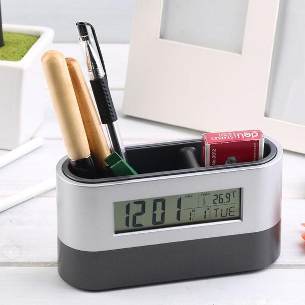 Relojes de mesa Multifuncional Oficina en casa Digital Snooze Despertador Titular de la pluma Calendario Pantalla de temperatura Negro Azul Buena calidad Gratis