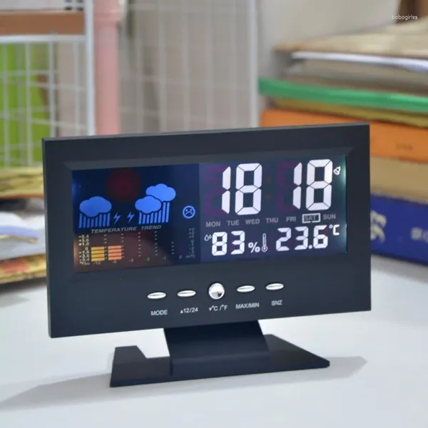 Relojes de Mesa Reloj Despertador con pronóstico del Tiempo Multifuncional Pantalla en Color para Interiores y Exteriores Temperatura y Humedad Activada por Voz