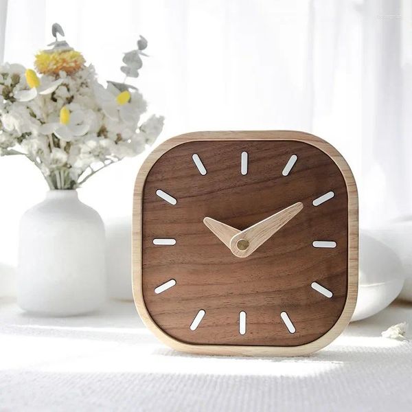 Horloges de table Nordic Black Walnut Minimaliste Bureau Horloge Mur Chambre Salon Décoration Bois Massif Silencieux S Montre Suspendue