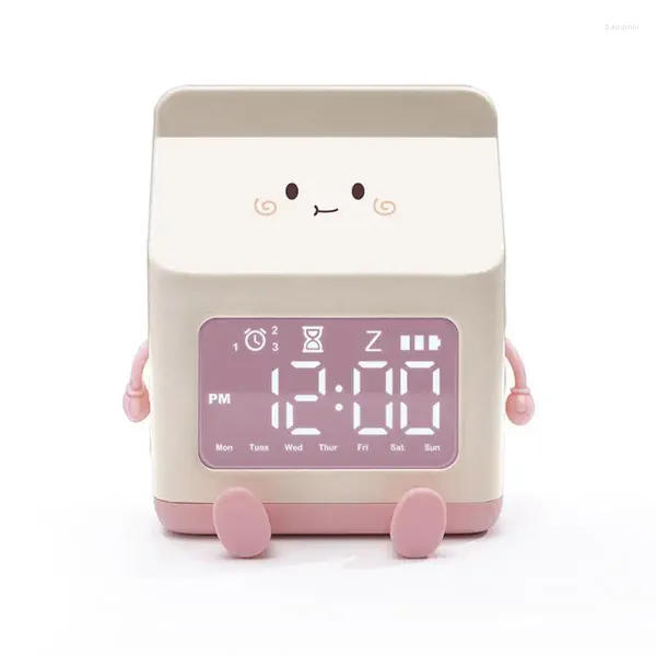 Horloges de table Réveil rechargeable Type-C Forme de boîte à lait Écran multifonctionnel pour le réveil des enfants