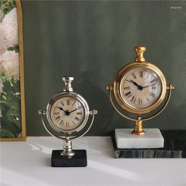 Relojes de mesa, luz Retro, reloj de lujo, plata brillante, mármol metálico, adornos de escritorio, estudio europeo, decoración de sala de estar