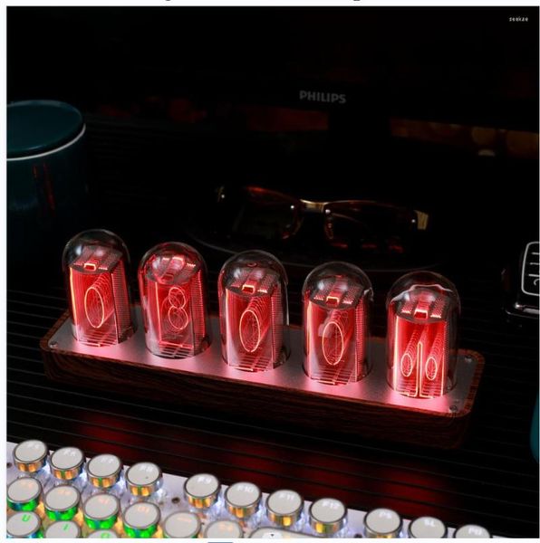 Relojes de mesa RGB tubo LED reloj Vintage Digital Nixie 5 bits tiempo Po pantalla Retro escritorio vidrio decoración del hogar