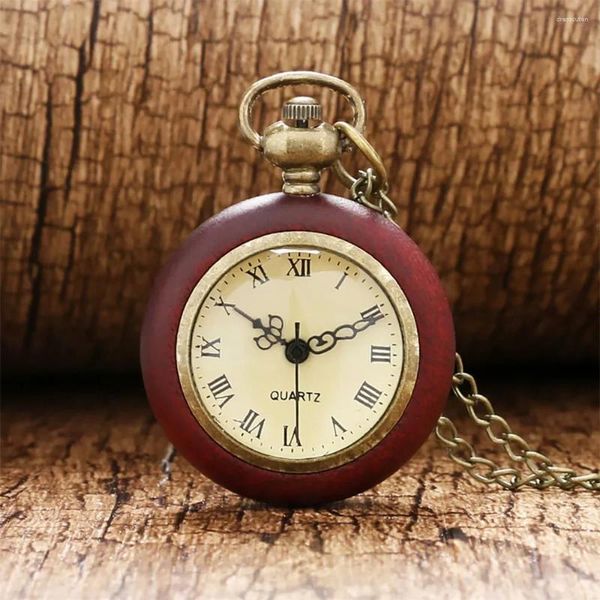 Horloges de table Chiffres romains Décor en bois rouge Collier de boule de verre transparent Montre Quartz Bronze Pull Chaîne Pendentif Horloge de poche