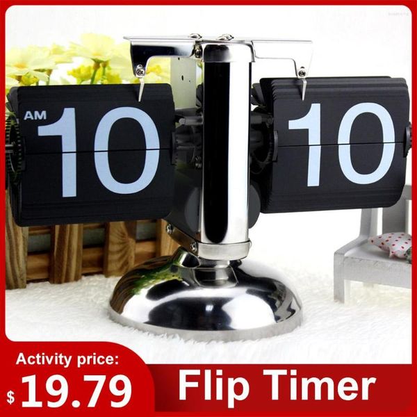 Relojes de mesa Reloj de escala pequeña Retro Flip Over Acero inoxidable Engranaje interno Operado Cuarzo Negro Blanco Decoración del hogar