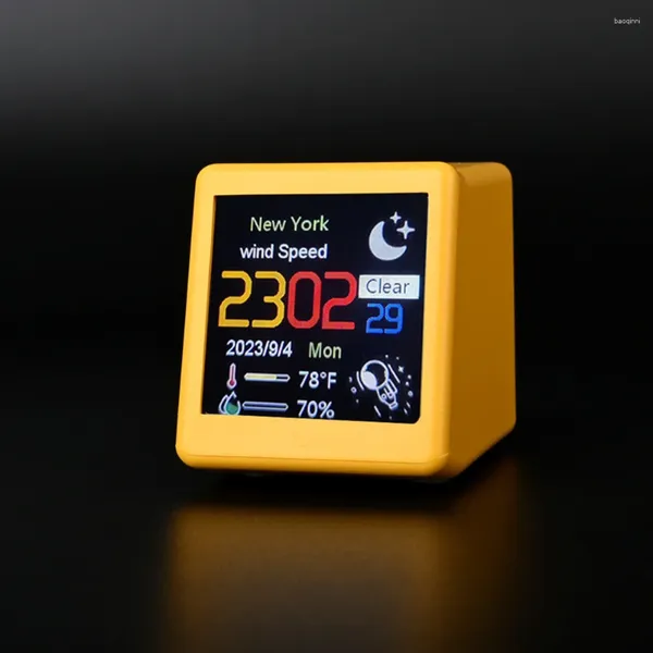 Relojes de mesa Estación meteorológica inteligente Reloj WiFi de escritorio con pantalla LCD de 1,6 pulgadas DIY Animación GIF linda Sensor de higrómetro electrónico