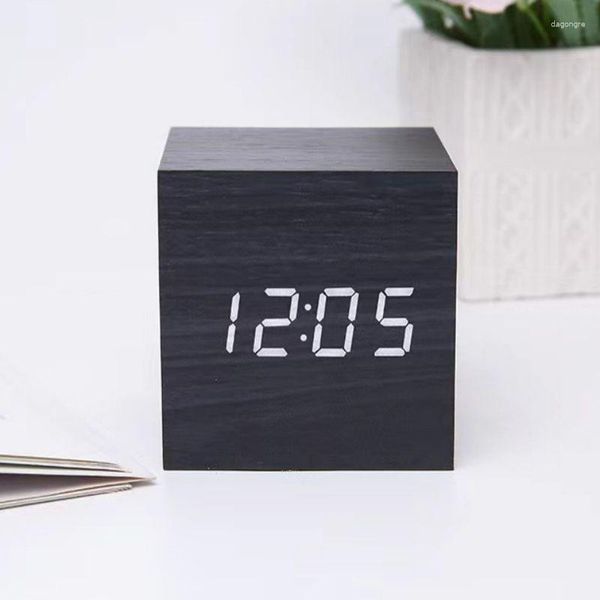 Horloges de table carré commande vocale lumineux numérique en bois LED multifonction bureau USB/alimenté horloge électronique chambre décoration