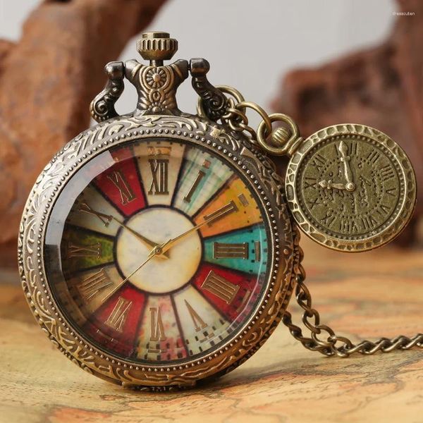 Horloges de table Verre transparent Chiffres romains Cadran de couleur Collier Montre pour hommes Femmes avec chaîne Pendentif Horloge Vintage Bronze Montre Cadeau