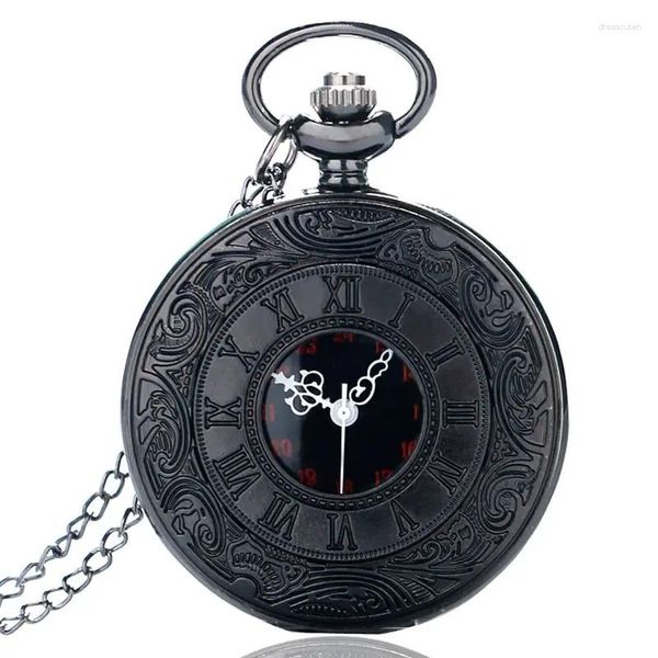 Relojes de mesa Vintage Charm Negro Unisex Moda Número romano Cuarzo Steampunk Reloj de bolsillo Mujer Hombre Collar Colgante con cadena Regalos 2024