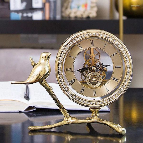 Horloges de table Horloge vintage pour la décoration de la maison Gold Bird Metal Style Antique Décoration de bureau de luxe Cadeaux d'anniversaire de Noël