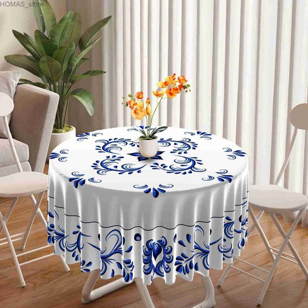 Nappe 1 pièce rétro bleu blanc porcelaine nappe circulaire imperméable terrasse tapisserie tête de rideau multi-usages 63 pouces nappe Y240401