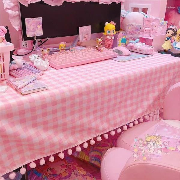 Nappe de Table rose pour filles, joli tapis de papier peint à carreaux pour bureau, dortoir, ordinateur, couverture de décoration de chambre Kawaii, 2023