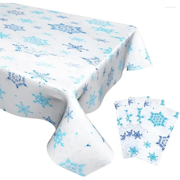 Mantel de Navidad rectangular de plástico desechable con copos de nieve azul y blanco de 3 piezas para decoraciones de fiesta de cumpleaños con tema de invierno