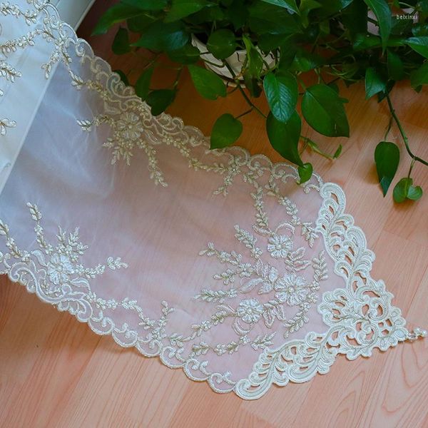 Nappe 38X100 CM broderie dentelle Poly blanc crochet gland nappe dîner main couture perle tapis coureur couverture MF262