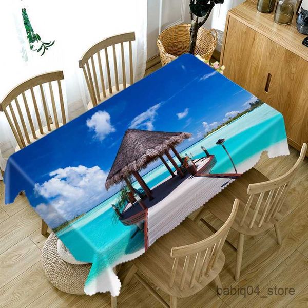 Nappe 3D Island Resort Pattern Viewing Platform Nappe Couverture de table rectangulaire pour la décoration de mariage Fête de pique-nique R230727
