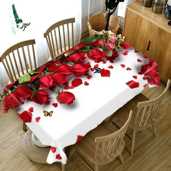 Nappe de table imprimée de roses en 3D, motif Floral festif, en lin, résistant aux taches, rectangulaire, pour mariage