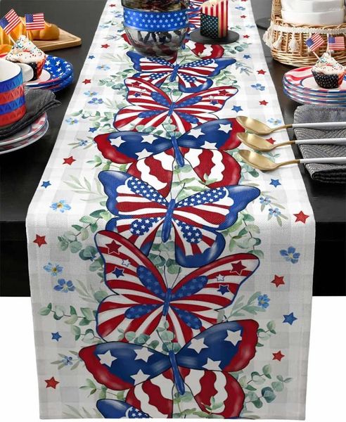 Pable de mesa 4 de julio Runner de lino American USA Flag Star Patriótica Patriótica Mariposa Independencia Día de la fiesta Decoración de comidas