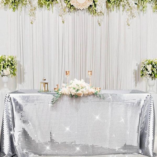 Tela de mesa 55x108 pulgadas para fiestas disco espejo plateado lámina de plata cubierta metálica para boda de baile