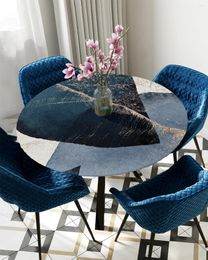 Mantel de mesa, diseño abstracto, círculo, cuadrado, raya, azul, redondo, con bordes elásticos, protector, impermeable, rectangular, ajustado