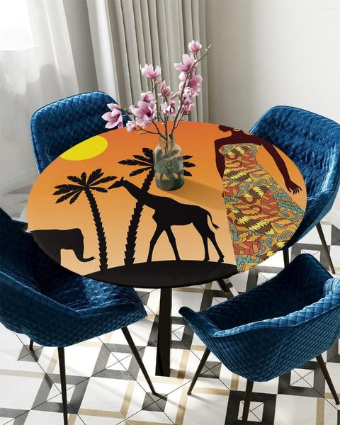 Mantel de mesa África puesta de sol mujeres elefante jirafa redondo Rectangular impermeable elástico mantel hogar cocina comedor cubierta