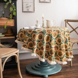 Nappe de table en jacquard de style campagnard américain, nappe de tournesol, champ de printemps, vent rond épais, pompon blanc, fleur de noix de cajou