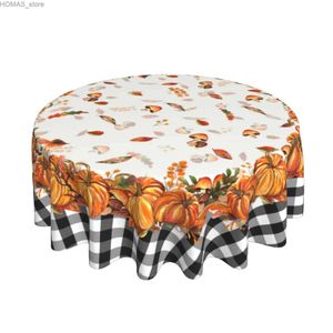 Tela de mesa calabaza otoño calabaza en blanco y negro mesa de mesa a cuadros tela de acción de gracias redonda 60 pulgadas para fiestas decoración de mesa de comedor y240401