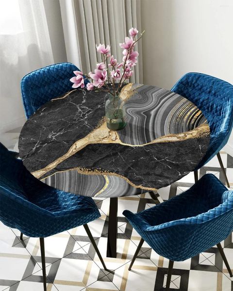 Nappe de Table ronde à Texture de marbre noir, couverture de protection à bords élastiques, imperméable, en Polyester, rectangulaire, ajustée