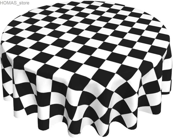 Nappe de table noire et blanche à motif à carreaux de course - Nappe ronde de style simple - Couverture de table circulaire décorative pour salle à manger, mariage, vacances Y240401