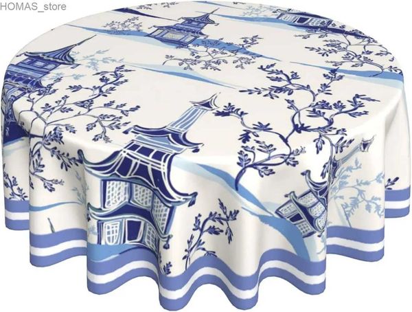 Nappe de table bleue chinoiserie temple nappe ronde style oriental chinois bleu saule nappe couverture tapis lavable polyester 60 pouces Y240401