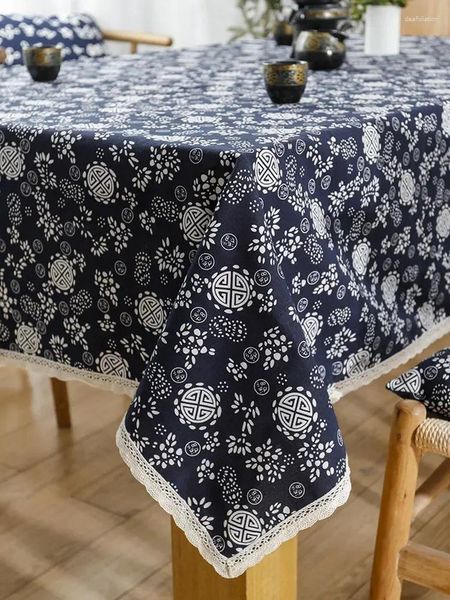 Nappe de table rétro à fleurs bleues, tissu artistique Anti-brûlure en coton et lin, couverture de café à manger, longue dentelle