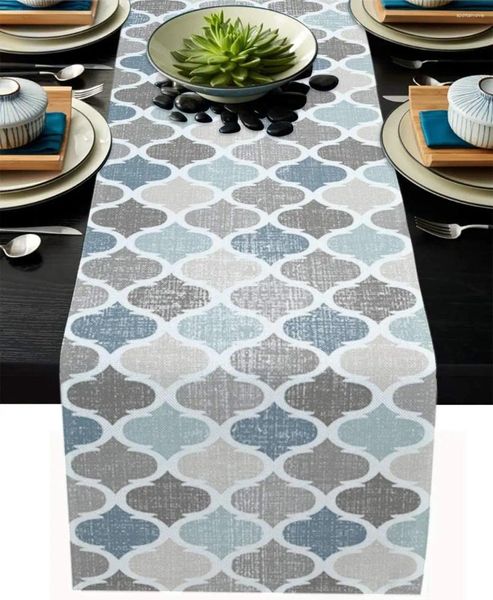 Nappe de table en lin à quatre feuilles géométriques, bleu et gris, pour commode, foulards, cuisine, salle à manger, ferme, décor de fête de vacances