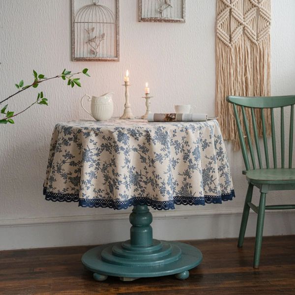 Nappe de Table imprimée Rose bleue, couverture ronde en coton et lin pastorale rétro pour salle à manger, décoration de la maison, 231019
