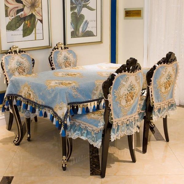 Nappe Bleu Soie Jacquard Brodé Dentelle Nappe Antidérapant Couverture De Chaise De Mariage Partie Avancée Européenne Bruxelles Décor