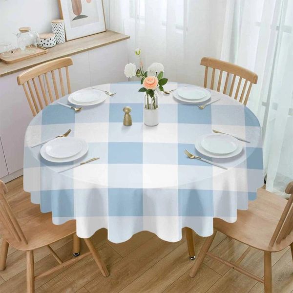 Nappe ronde à motif à carreaux bleu ciel, imperméable, décoration de printemps, pour mariage, maison, cuisine, salle à manger