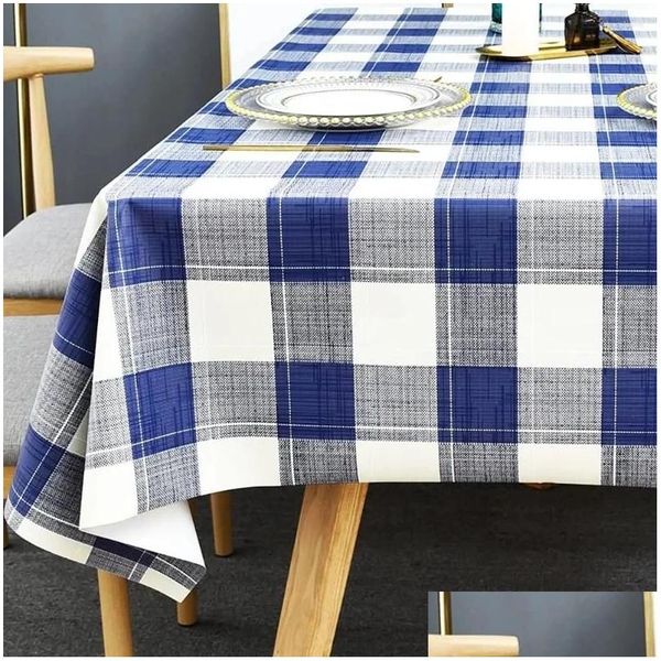 Nappe de table Nappe imprimée à carreaux bleu blanc gris avec style minimaliste rectangulaire décoration de cuisine intérieure et extérieure Drop de Ot0Nk