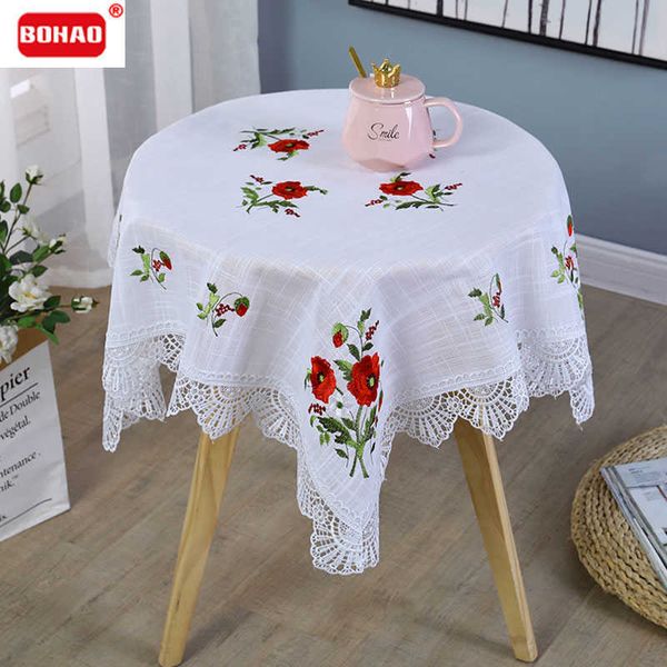 Nappe BOHAO Nappe Nappe Blanche 85x85cm Napperon Carré en Dentelle Nappe du Nouvel An Napperons de Table Cartes Rouge Coquelicot Broderie W0414